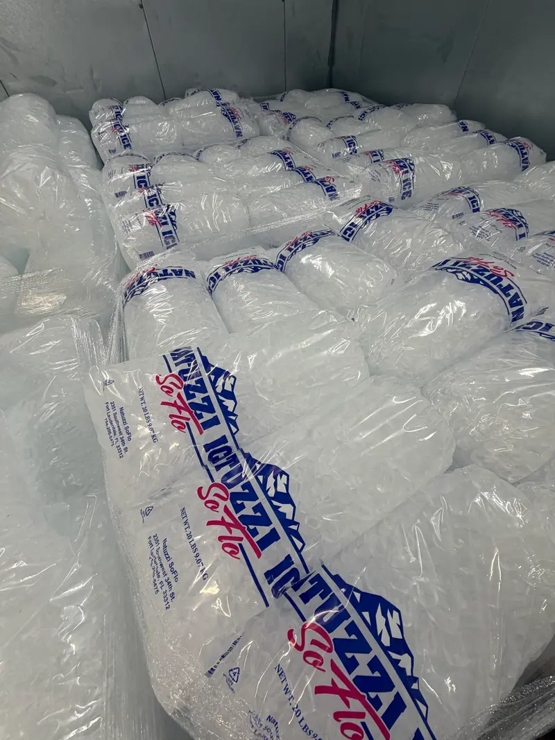 Pallets of 20 lb Natuzzi SoFlo ice bags in the freezer